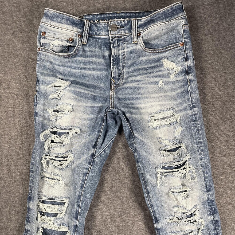 American Eagle Jeans Mens 32x34 Light Wash AirFlex+ Move-Free Skinny Distressed